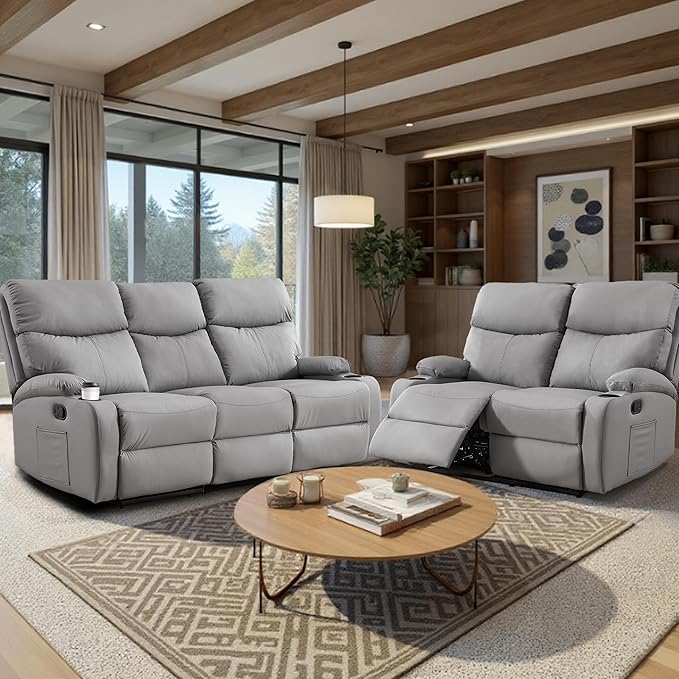 Manual Recliner Sofa Set Anti-Scratch 3 Seats Reclining, Sofa Couches with Side Pocket and Cupholders Wall Hugger Leather Couch for RV Living Room Home Theater Bedroom Apartment
