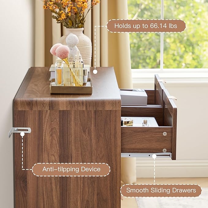 6 Drawer Dresser for Bedroom, 48" Wide Curved Wooden Dresser with Natural Linen & Metal Handle, Mid Century Modern Chest of Drawers Closet Clothes Storage Organizer for Living Room, Walnut