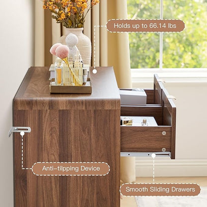 6 Drawer Dresser for Bedroom, 48" Wide Curved Wooden Dresser with Natural Linen & Metal Handle, Mid Century Modern Chest of Drawers Closet Clothes Storage Organizer for Living Room, Walnut