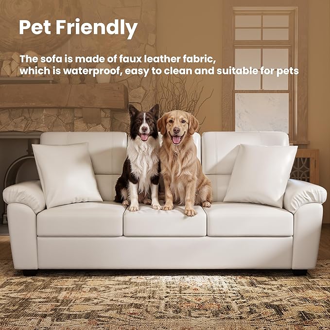 Morden Fort Faux Leather Loveseat and 3 Seater Sofa Set, Modern Luxury Furniture with Removable and Easy to Clean Cushions, Skin-Friendly Wide Arm for Living Room Apartment Office Lounge, White