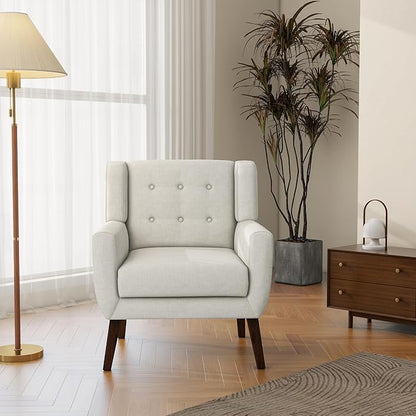 Accent Chair, Mid-Century Modern Fabric Chairs with Arms for Living Room, Comfy Upholstered Club Single Sofa Armchair for Bedroom Waiting Room with Solid Wood Frame (Fabric Beige, Set of 1)
