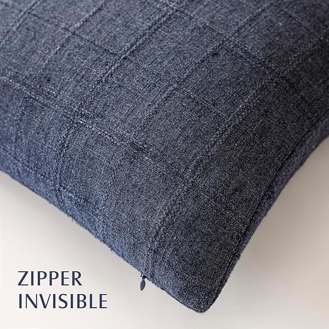 Foindtower Set of 2 Decorative Linen Check Throw Pillow Covers Neutral Farmhouse Vintage Cushion Covers Modern Boho Home Decor for Sofa Chair Couch Bedroom Living Room,22×22 Inch,Navy Blue