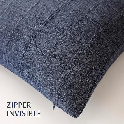 Foindtower Set of 2 Decorative Linen Check Throw Pillow Covers Neutral Farmhouse Lumbar Cushion Covers Modern Boho Home Decor for Sofa Chair Couch Bedroom Living Room,12×20 Inch,Navy Blue