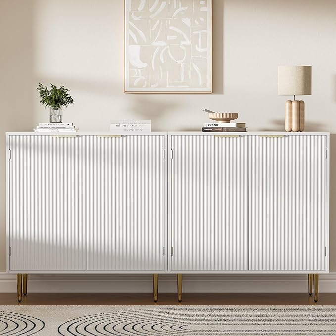 Buffet Sideboard Cabinet [Set of 2] with 4 Doors, Modern Cabinet with with Adjustable Shelf, Golden Handles & Legs, Coffee Bar Sideboard for Kitchen, Living Room, White