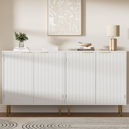 Buffet Sideboard Cabinet [Set of 2] with 4 Doors, Modern Cabinet with with Adjustable Shelf, Golden Handles & Legs, Coffee Bar Sideboard for Kitchen, Living Room, White