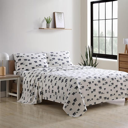 Eddie Bauer - Flannel Sheets Full Size, Anti-Pilling & Wrinkle Resistant Cotton, Touchably Soft for All-Season Comfort - Bed Sheets with Matching Pillowcases & Fitted Sheet (Bear Family Grey)