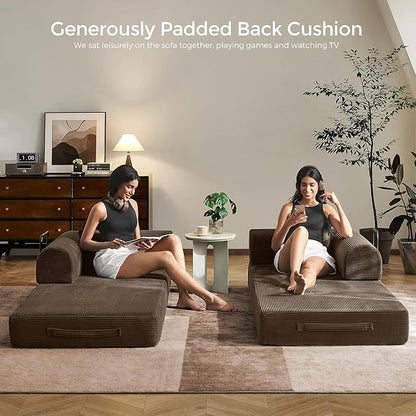 79" Convertible Sofa Bed with Fixed-Shape Frame & Removable Armrests, Modular Corduroy Sleeper Sofa, Folding Mattress Couch for Small Spaces - No Assembly Needed in Brown (Includes 2 Pillows)