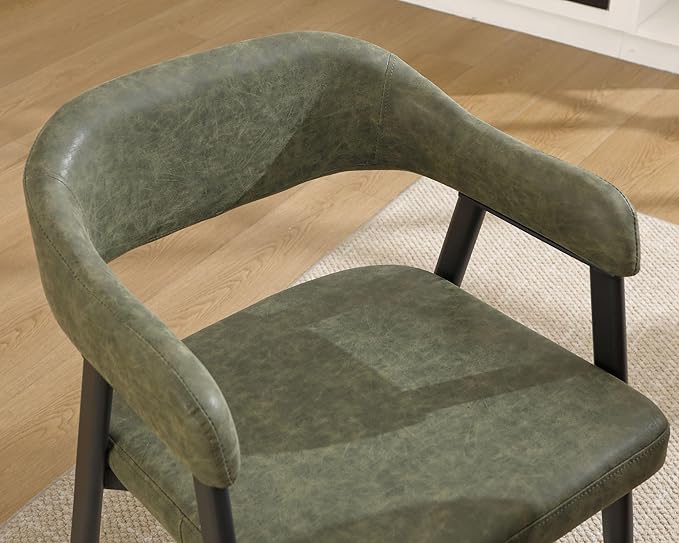 HNY Modern Dining Room Arm Chairs Set of 6, Green Retro Faux Leather Upholstered Barrel Dining Chairs with Arms Mid-Century Accent Chair with Metal Legs, Open-Back Kitchen Side Chairs for Living Room