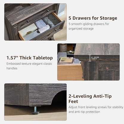 T4TREAM Farmhouse 5 Drawer Dresser for Bedroom, 47" Tall Wood Dresser with Ample Storage Space and Rustic Charm, Dark Rustic Oak
