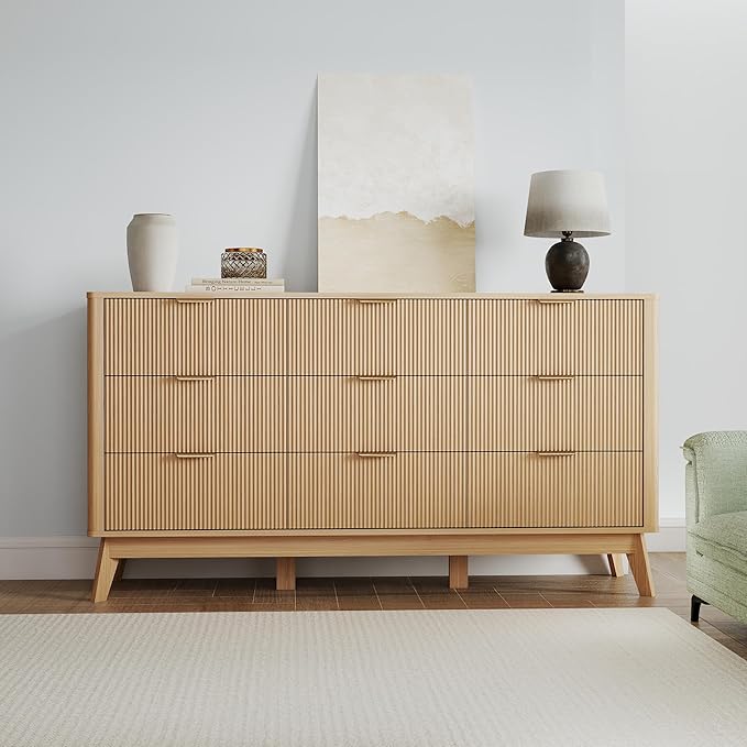 Fluted Dresser for Bedroom,59'' Modern Wooden Dresser with 9 Drawers, Bedroom Dressers, Natural Wood Chest of Drawers for Living Room, Hallway (Oak)