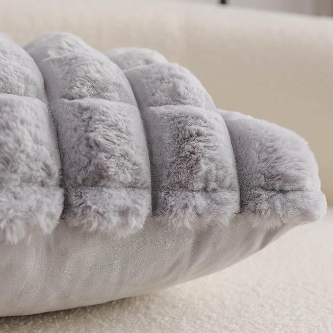 Neelvin Grey Faux Fur Cozy Soft Plaid Decorative Throw Pillow Covers 22x22 inch Set of 2,Velvet Pillowcase Cushion Case for Sofa Couch