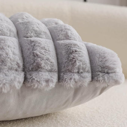 Neelvin Grey Faux Fur Cozy Soft Plaid Decorative Throw Pillow Covers 12x20 inch Set of 2,Velvet Pillowcase Cushion Case for Sofa Couch