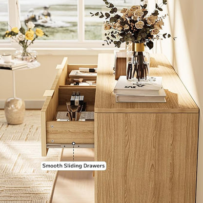 Fluted Dresser with 6 Drawers, 53.43 Inch Wood Double Dresser with Metal Handles Curved Design Wide Storage Organizer Cabinet Modern Chest Dressers for Bedroom Living Room Entryway(Oak)