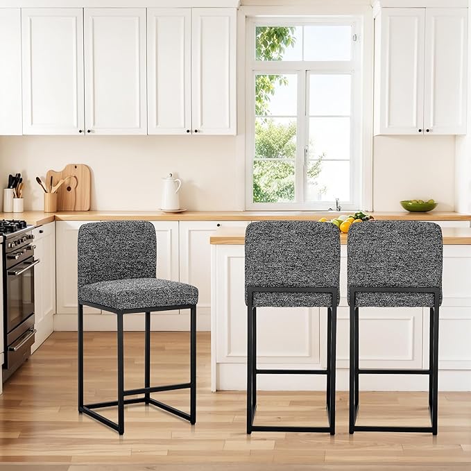 ALPHA HOME 24" Bar Stools Set of 4 Kitchen Counter Stools with Back, Counter Height Stools with Upholstered Footrest for Kitchen Island, Metal Steel Frame, Chenille, Black