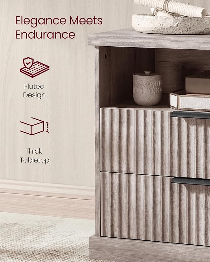 VASAGLE MAXE Collection - Nightstand with Charging Station, Fluted Night Stand, Bedside Table, Mid Century Modern Side End Table, 2 Drawers, 2 AC Outlets, 2 USB Ports, Washed Gray ULET626G01S