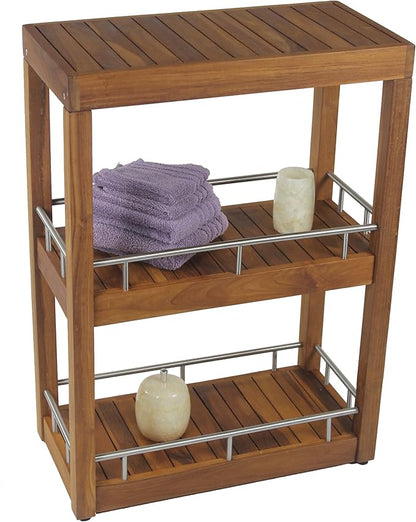 AquaTeak Patented Sula Rectangle Three Tier Teak & Stainless Bath Stand