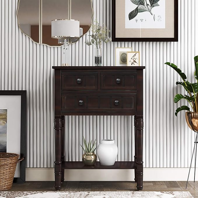 Knocbel Slim Antique Entry Console Table with Drawers & Bottom Open Shelf, Solid Wood Sofa Couch Table for Entryway Hallway Living Room (Espresso)