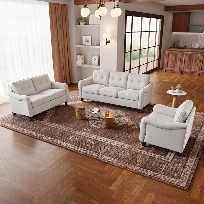 3 Piece 6-Seater Living Room Sofa Set, Modern Upholstered 3-Seater Sofa, Loveseat & Armchair, Handmade Nailhead Trim, Ergonomic Deep-Seat Couch for Living Room (Beige, Rolled Arm)