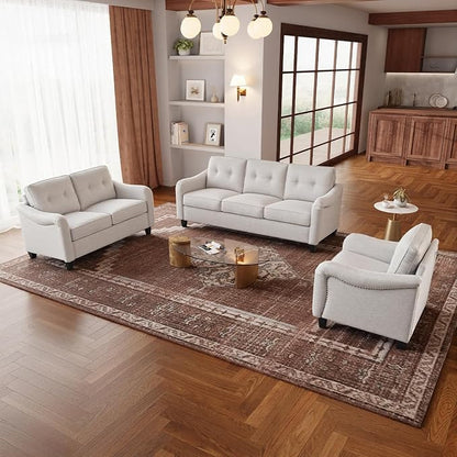 3 Piece 6-Seater Living Room Sofa Set, Modern Upholstered 3-Seater Sofa, Loveseat & Armchair, Handmade Nailhead Trim, Ergonomic Deep-Seat Couch for Living Room (Beige, Rolled Arm)
