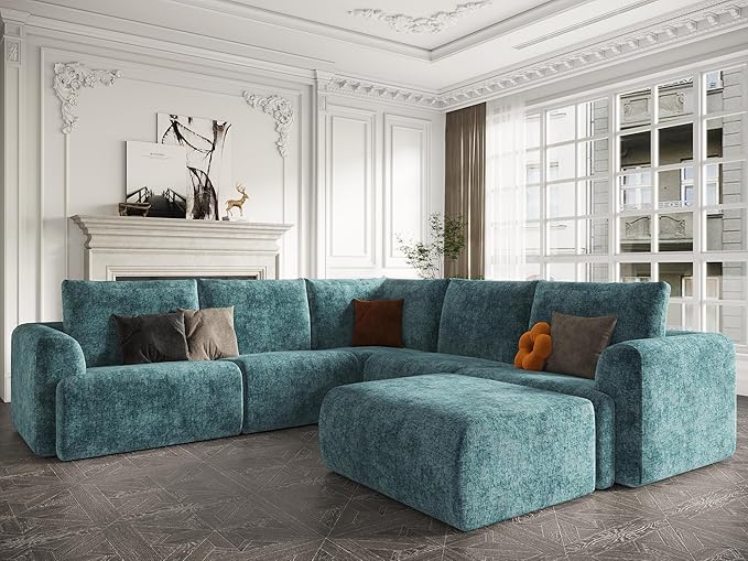 EASE MOOSE Boneless Modular Cloud Couch, Oversized U-Shaped Sectional Sofa for Living Room with Ottoman, Extra Large Movable Couches, 6-Deep-Seat Sofas for Bedroom, Apartment, Chenille (Blue)