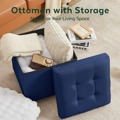 17.7" Ottoman with Storage, Square Storage Ottoman for Dorm, Linen Ottomans with Legs for Living Room, Bedroom, Blue