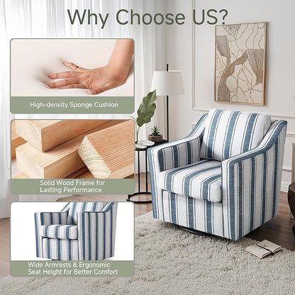 UIXE Swivel Accent Chair, Stripe Fabric Upholstered Arm Chair for Living Room, Modern Club Armchair Comfy Single Sofa Bedroom Reading Seat with Lumbar Pillow - Navy Blue