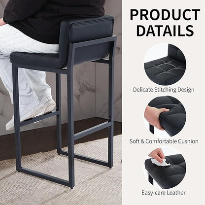 Counter Height Bar Stools Set of 2, Modern Faux Leather Counter Stools with Low Back and Footrest, Upholstered Bar Chairs for Kitchen Island, Bar, Counter (Black, 2Pcs 26" Bar Stools)