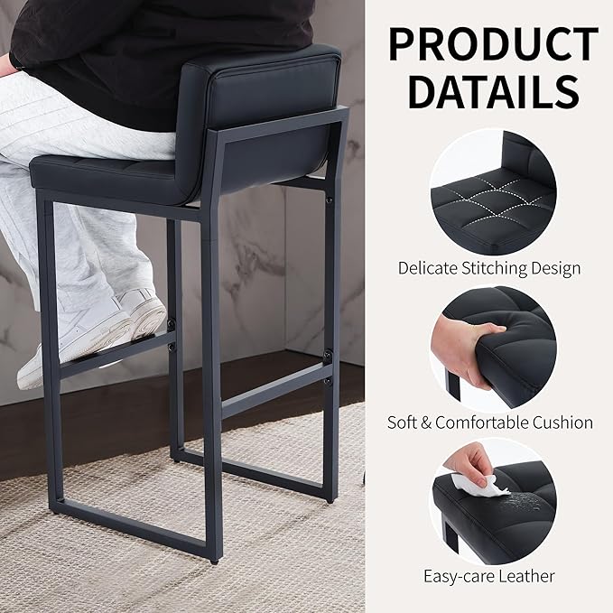 Bar Stools Set of 4, PU Leather Counter Height Barstools with Low Back and Thickened Metal Legs, 26 Inch Modern Island Chairs for Kitchen Island, Bar, Counter (Black, 4Pcs 26" Bar Stools)