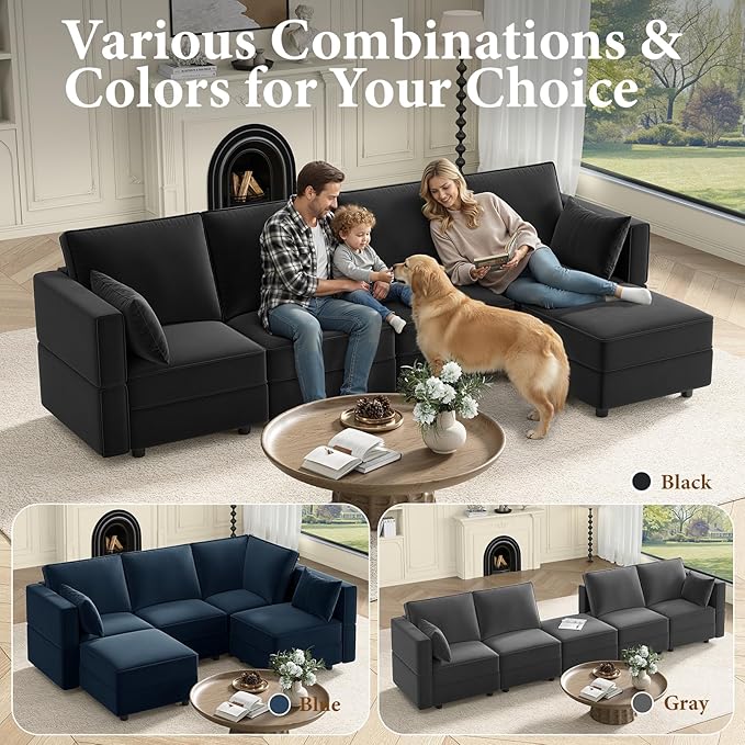 Vesgantti Sectional Couches with Storage Seats, 118" L Shaped Convertible Modular Sectional Sofa, 4 Seat & 1 Ottoman Velvet Storage Chaises Deep Seat Couch for Living Room, Bedroom, Apartment, Black