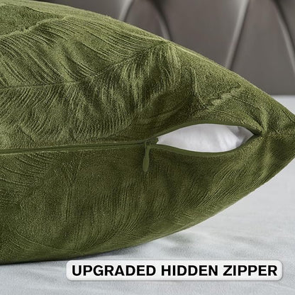 FUTEI Moss Green Velvet Throw Pillow Covers 18x18 Inch Set of 2,Soft Embossed Leaf-Relief Textured Cushion Cases,Natural Home Decor for Couch Living Room