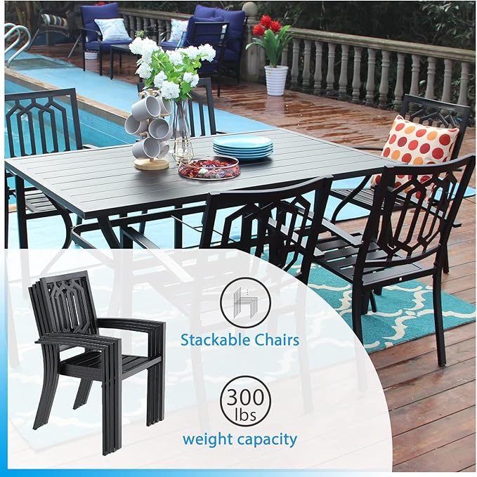PHI VILLA Metal Outdoor Dining Chairs Set of 6 - Stackable Black Patio Chairs, 300lb Capacity (Geometry)