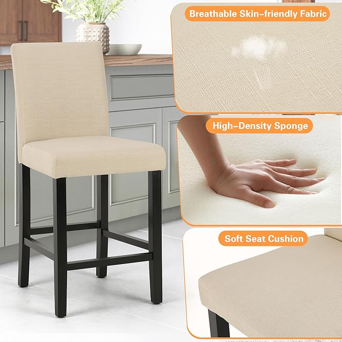 LSSPAID Counter Height Bar Stools Set of 4, 24.8 Inch Upholstered Fabric Barstools, Modern Kitchen Island Chairs with Backrest and Solid Wood Legs, Beige