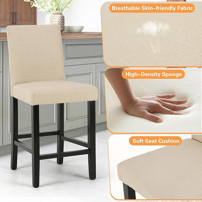 LSSPAID Counter Height Bar Stools Set of 4, 24.8 Inch Upholstered Fabric Barstools, Modern Kitchen Island Chairs with Backrest and Solid Wood Legs, Beige