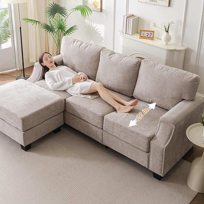85'' L Shaped Couch with Armrest Organizer,3 Seats Sofas with Storage Ottoman,Comfy Sectional Sofa with Thick Cushion,Chenille Sectional Couches for Living Room,Bedroom,Apartment,Khaki