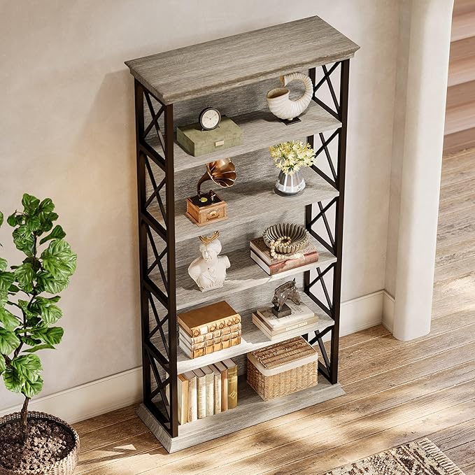 Tribesigns 71-Inch Tall Bookcase, 5-Tier Industrial Metal Bookshelf, Large Etagere Bookcases and Bookshelves, Freestanding Display Shelves for Living Room, Bedroom, Gray and Black (Set of 2)