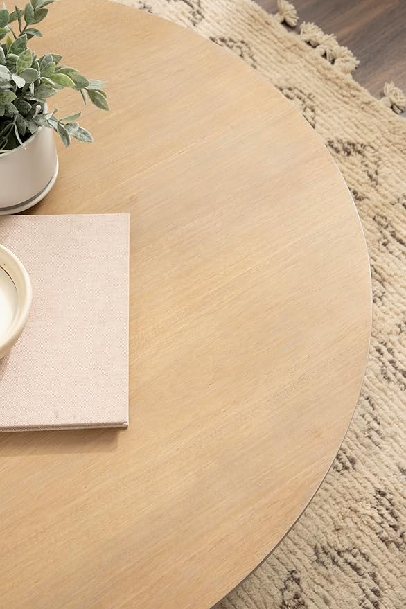 Kate and Laurel Foxford Tiered Round Coffee Table; 34 x 34 x 17; Light Natural; Transitional Two-Tier Circle Living Room Table with Storage and Resilient Wood Construction