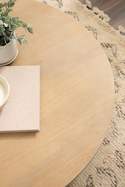 Kate and Laurel Foxford Tiered Round Coffee Table; 34 x 34 x 17; Light Natural; Transitional Two-Tier Circle Living Room Table with Storage and Resilient Wood Construction