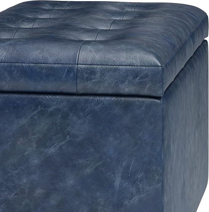 SIMPLIHOME Cosmopolitan Storage Ottoman - 34 inch Wide Upholstered Vegan Leather Rectangle Storage Ottoman Bench in Denim Blue, Transitional Tufted Ottoman for Living Room or Entryway with Lift-Up Lid