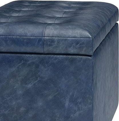 SIMPLIHOME Cosmopolitan Storage Ottoman - 34 inch Wide Upholstered Vegan Leather Rectangle Storage Ottoman Bench in Denim Blue, Transitional Tufted Ottoman for Living Room or Entryway with Lift-Up Lid