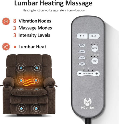 MCombo Dual Motor Power Lift Recliner Chair for Elderly, Lay Flat Lift Chair with Heat and Massage, Extra Wide Lift Recliner for Big People, Cup Holders, Fabric R7897 (Mocha, Medium-Wide)