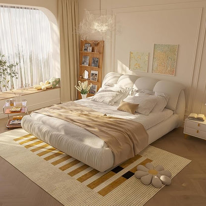 Queen Size Upholstered Platform Bed with Oversized Padded Backrest and Solid Wood Frame for Bedroom, Apartment Room (Beige, Queen (U.S. Standard))