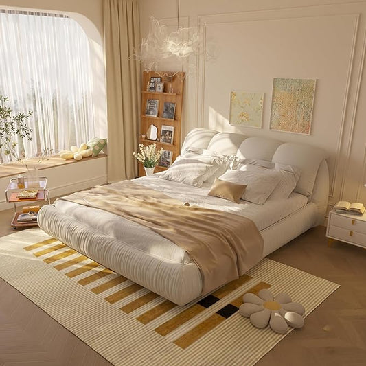 Queen Size Upholstered Platform Bed with Oversized Padded Backrest and Solid Wood Frame for Bedroom, Apartment Room (Beige, Queen (U.S. Standard))