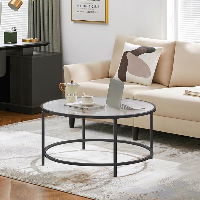 Yaheetech 36" Round Glass Coffee Table, Black Circle Coffee Table Center Table with Glass Top, Small Coffee Table for Living Room, Office & Apartment