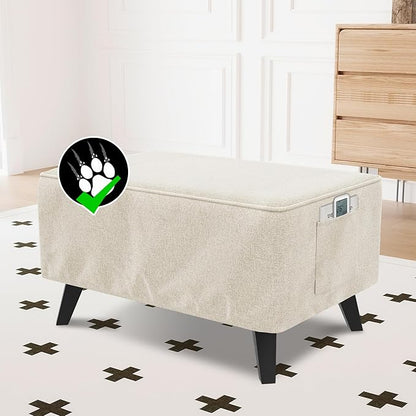 H.VERSAILTEX Sturdy Ottoman Cover Folding Storage Stool Furniture Protector Soft Rectangle Slipcover with Storage Side Pocket Fit Length 33"-34" Footrest Removable Washable - Heather Ivory