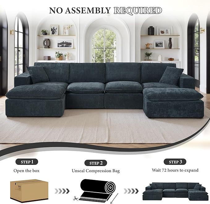108" Sectional Couches for Living Room Boneless Couch Upholstered Cloud Couch Sectional Modular Sectional Sofa with L Shaped (Chenille-Blue, 4 Seat+2 Ottoman)