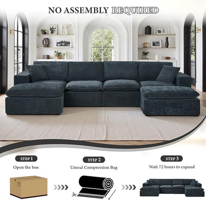 108" Sectional Couches for Living Room Boneless Couch Upholstered Cloud Couch Sectional Modular Sectional Sofa with L Shaped (Chenille-Blue, 4 Seat+2 Ottoman)