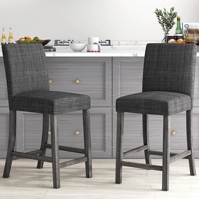 COSTWAY Counter Height Bar Stools Set of 2, 24.5’’ Upholstered Mid Century Modern Island Chairs with Rubber Wood Legs, Wooden Barstools for Kitchen, Dining Room, Bar, Restaurant (Grey)