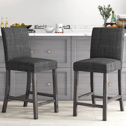 COSTWAY Counter Height Bar Stools Set of 2, 24.5’’ Upholstered Mid Century Modern Island Chairs with Rubber Wood Legs, Wooden Barstools for Kitchen, Dining Room, Bar, Restaurant (Grey)