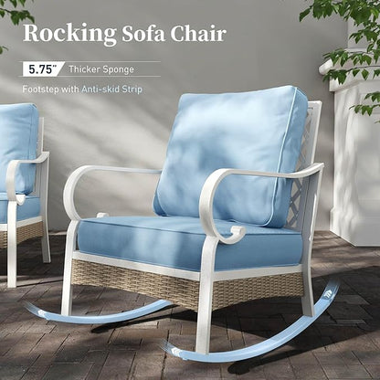 6 Piece Metal Outdoor Patio Furniture Set, Patio Conversations Set 3-Seater Sofa, 2-Seater Sofa, 2 Rocking Chair with 5.75" Thick Cushion & Coffee Table White Backyard Furniture, Blue