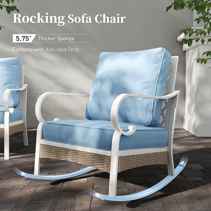 6 Piece Metal Outdoor Patio Furniture Set, Patio Conversation Set 3-Seater Sofa, 2 Fixed Sofa, 2 Rocking Chair with 5.75" Thick Cushion and Coffee Table White Backyard Furniture, Blue
